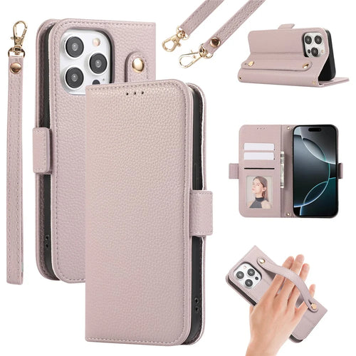 For iPhone 16 Pro Max Leather Case with Card Holder, Straps, Shockproof Wallet Phone Cover - Purple - 1