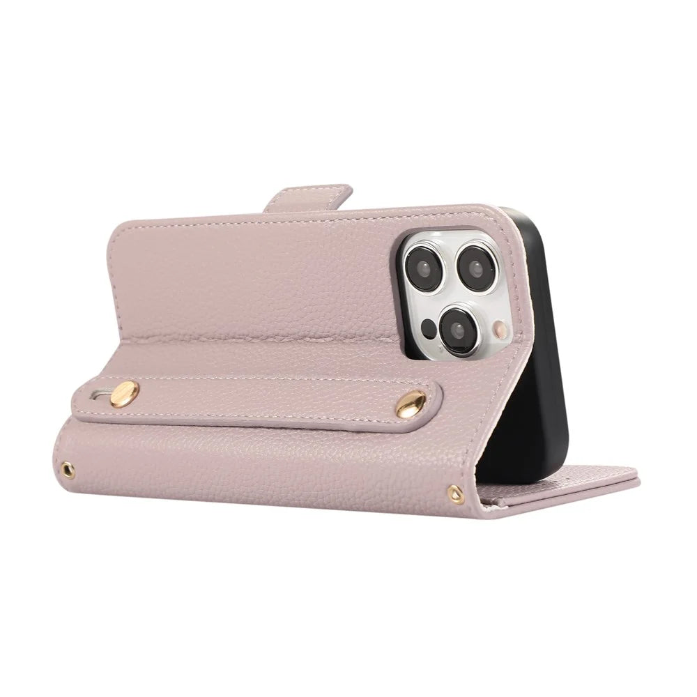 For iPhone 16 Pro Max Leather Case with Card Holder, Straps, Shockproof Wallet Phone Cover - Purple - 4