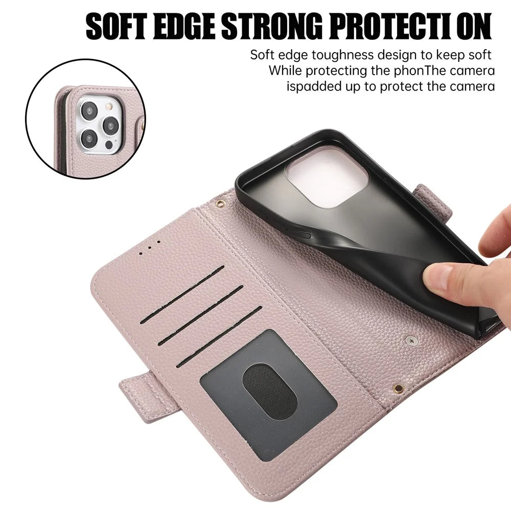 For iPhone 16 Pro Max Leather Case with Card Holder, Straps, Shockproof Wallet Phone Cover - Purple - 6