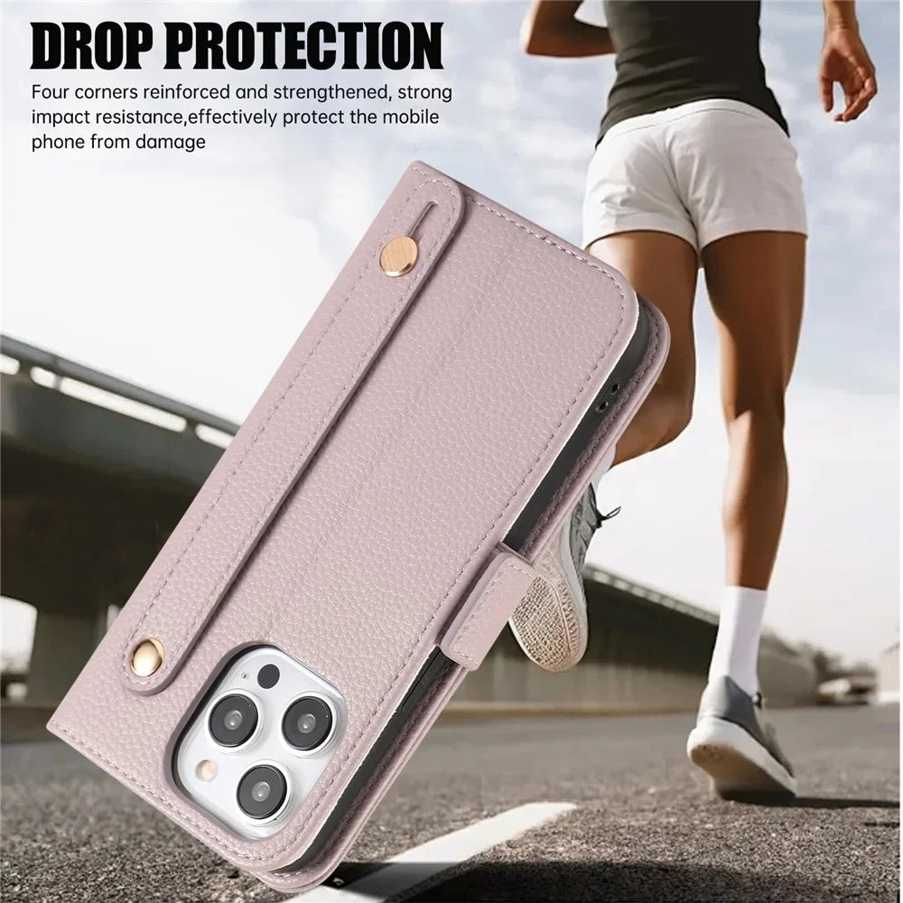 For iPhone 16 Pro Max Leather Case with Card Holder, Straps, Shockproof Wallet Phone Cover - Purple - 7