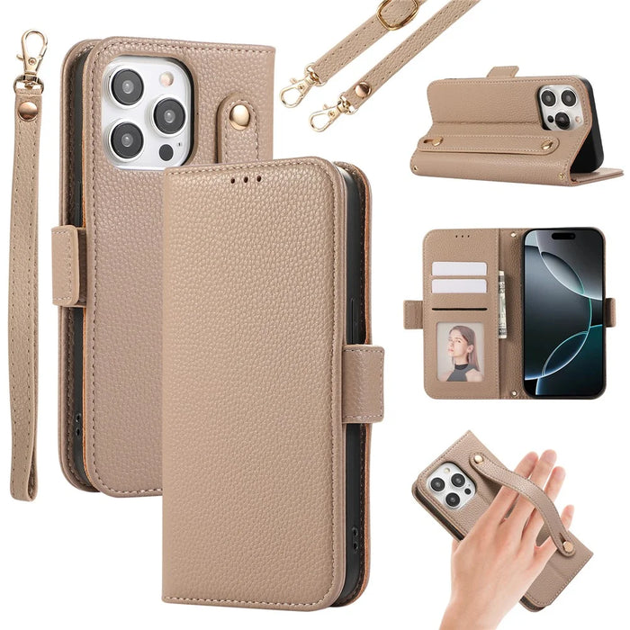 For iPhone 15 Pro Leather Case with Card Holder, Straps, Shockproof Wallet Phone Cover - Khaki - 1
