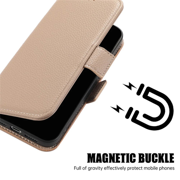 For iPhone 15 Pro Leather Case with Card Holder, Straps, Shockproof Wallet Phone Cover - Khaki - 5