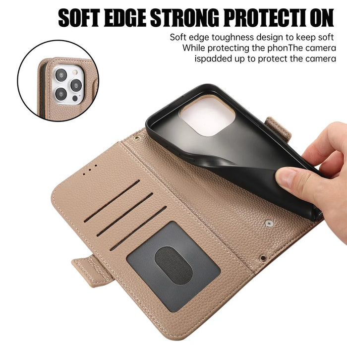 For iPhone 15 Pro Leather Case with Card Holder, Straps, Shockproof Wallet Phone Cover - Khaki - 6
