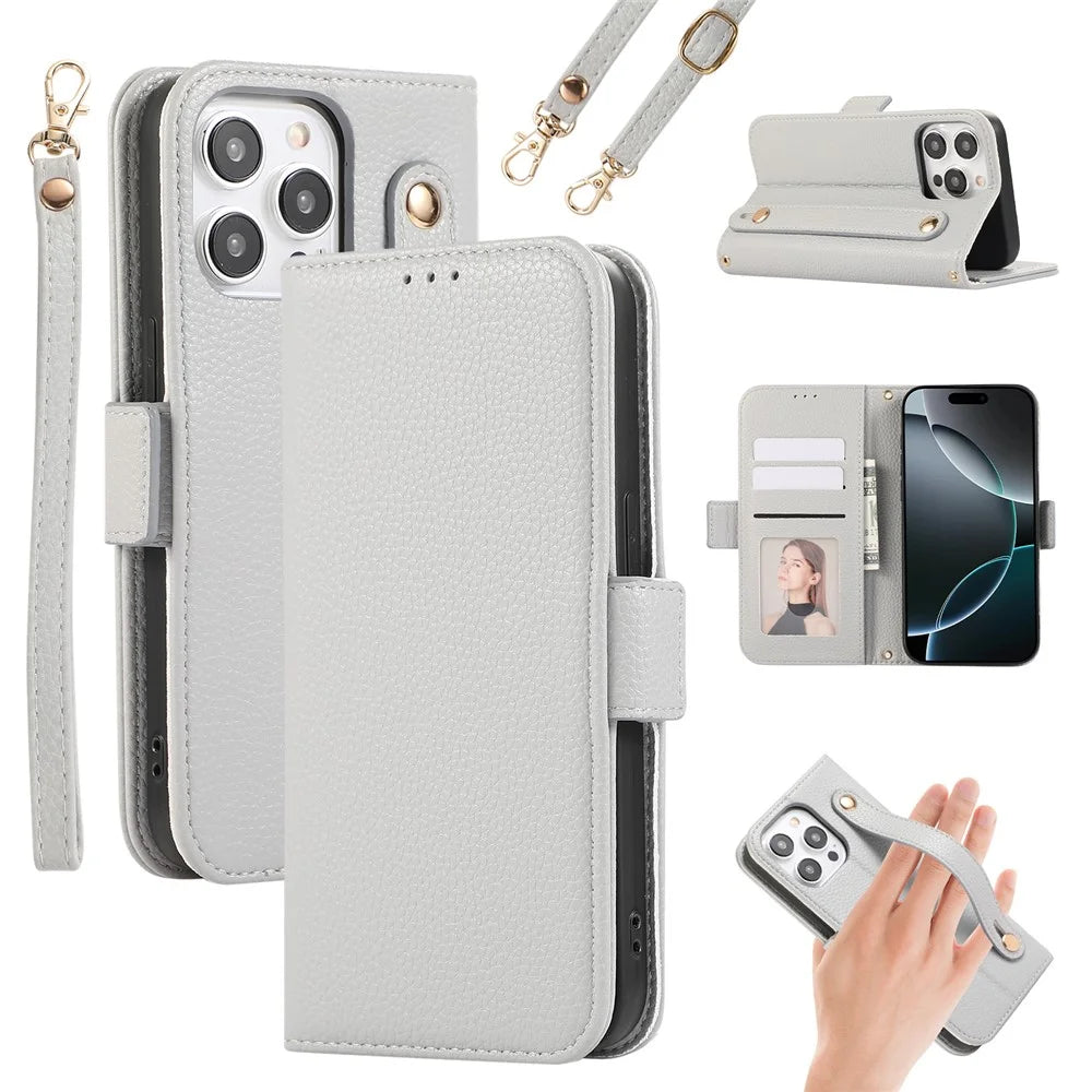 For iPhone 14 Pro Leather Case with Card Holder, Straps, Shockproof Wallet Phone Cover - Grey Blue - 1