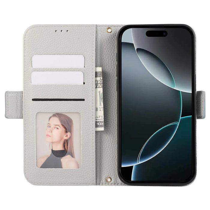 For iPhone 14 Pro Leather Case with Card Holder, Straps, Shockproof Wallet Phone Cover - Grey Blue - 2