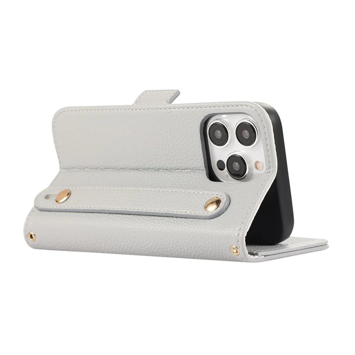 For iPhone 14 Pro Leather Case with Card Holder, Straps, Shockproof Wallet Phone Cover - Grey Blue - 4
