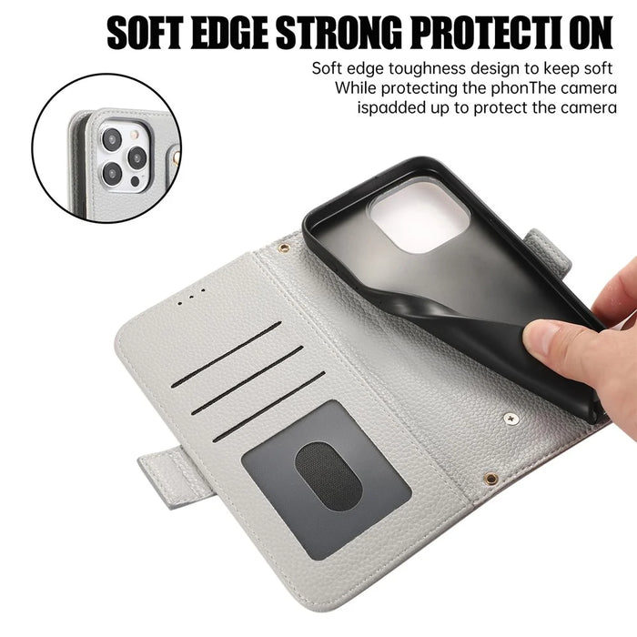 For iPhone 14 Pro Leather Case with Card Holder, Straps, Shockproof Wallet Phone Cover - Grey Blue - 6
