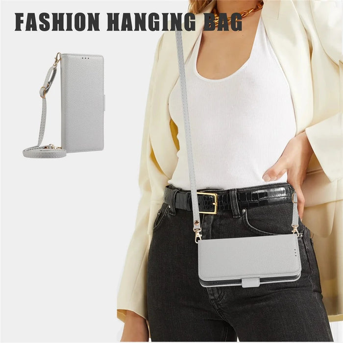 For iPhone 14 Pro Leather Case with Card Holder, Straps, Shockproof Wallet Phone Cover - Grey Blue - 7