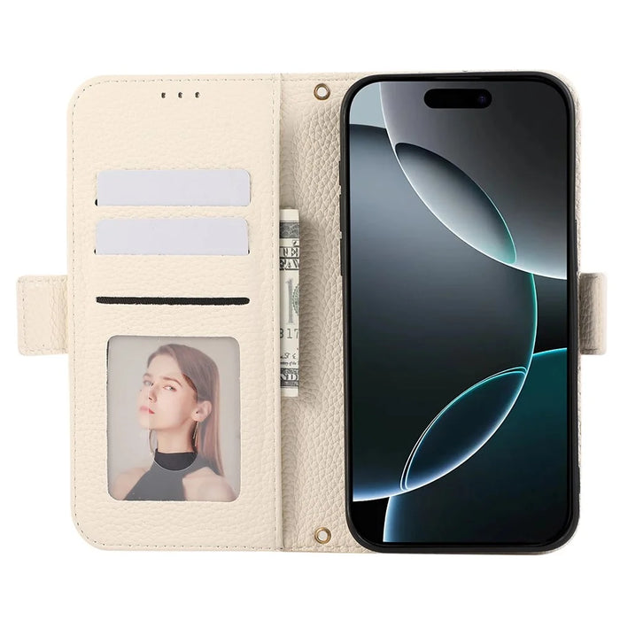 For iPhone 15 Pro Max Leather Case with Card Holder, Straps, Shockproof Wallet Phone Cover - Beige - 2