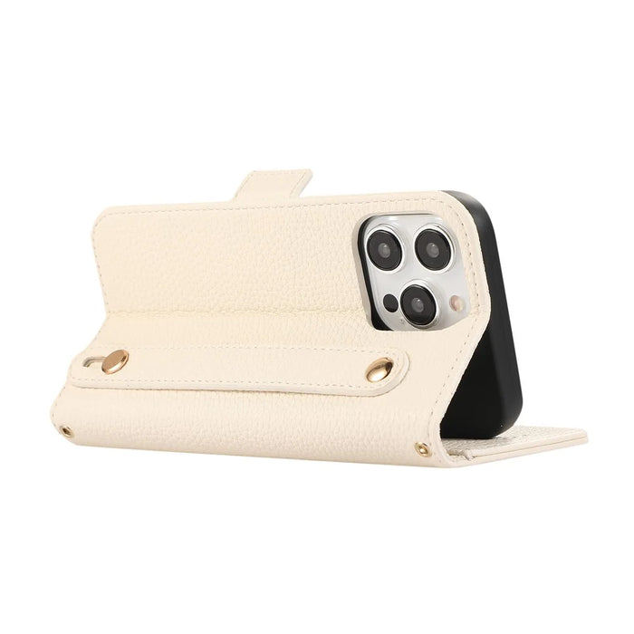 For iPhone 15 Pro Max Leather Case with Card Holder, Straps, Shockproof Wallet Phone Cover - Beige - 4