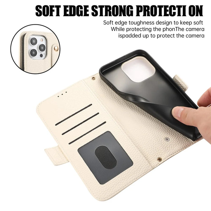 For iPhone 15 Pro Max Leather Case with Card Holder, Straps, Shockproof Wallet Phone Cover - Beige - 6