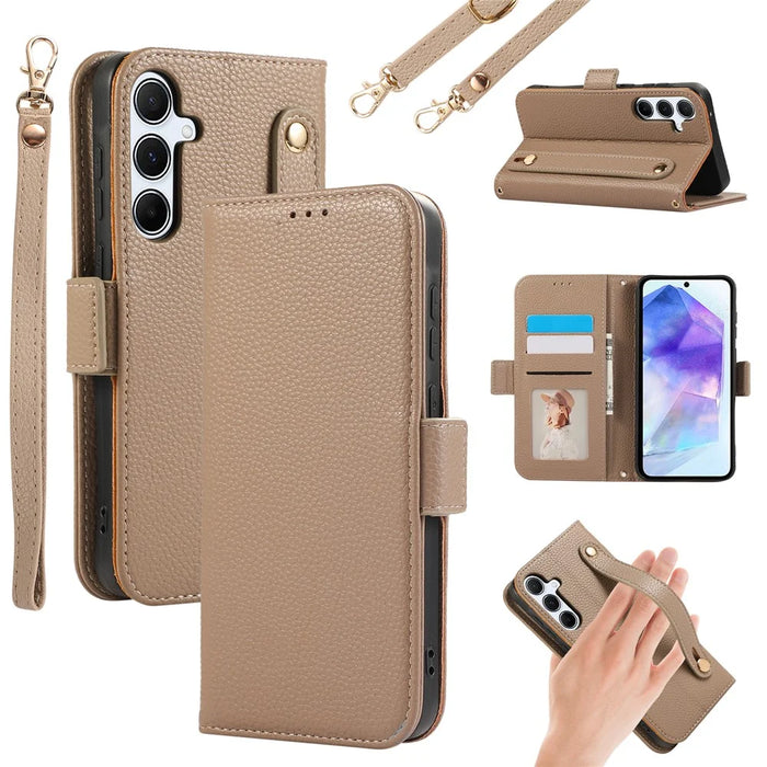 For Samsung Galaxy A55 5G Leather Case with Card Holder, Straps, Shockproof Wallet Phone Cover - Khaki - 1