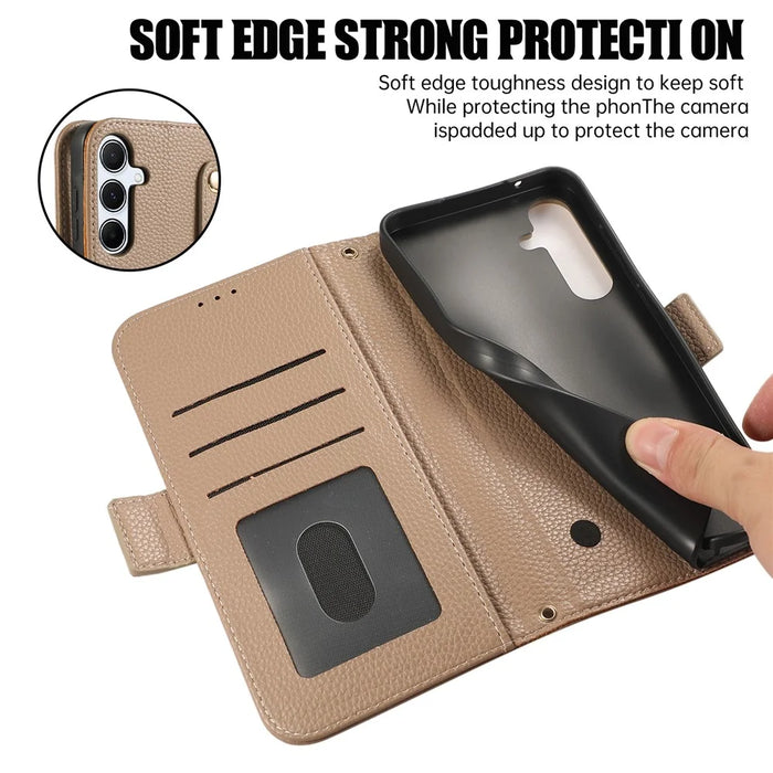For Samsung Galaxy A55 5G Leather Case with Card Holder, Straps, Shockproof Wallet Phone Cover - Khaki - 5