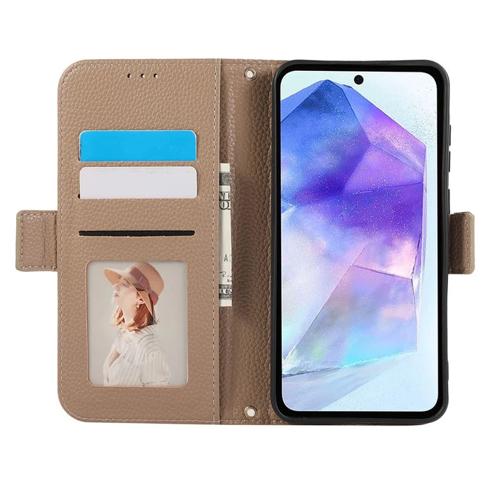 For Samsung Galaxy A35 5G Leather Case with Card Holder, Straps, Shockproof Wallet Phone Cover - Khaki - 2