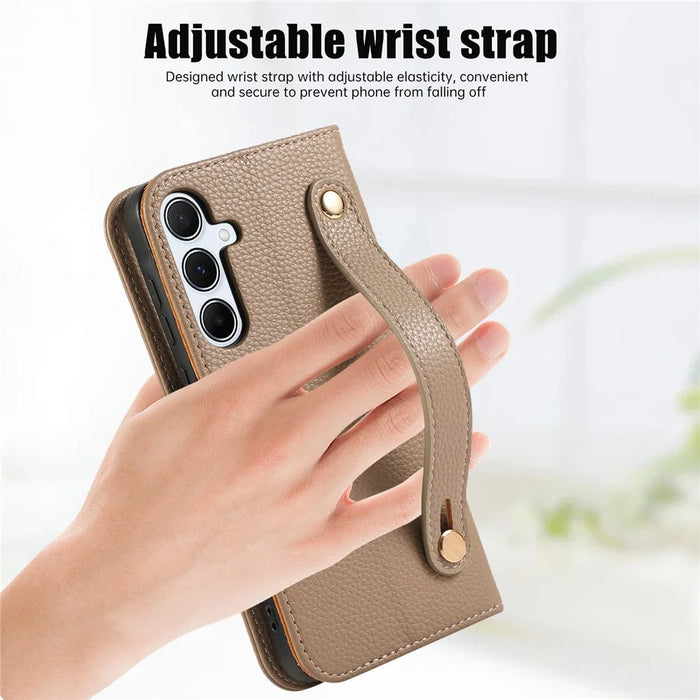For Samsung Galaxy A15 5G / 4G Leather Case with Card Holder, Straps, Shockproof Wallet Phone Cover - Khaki - 7