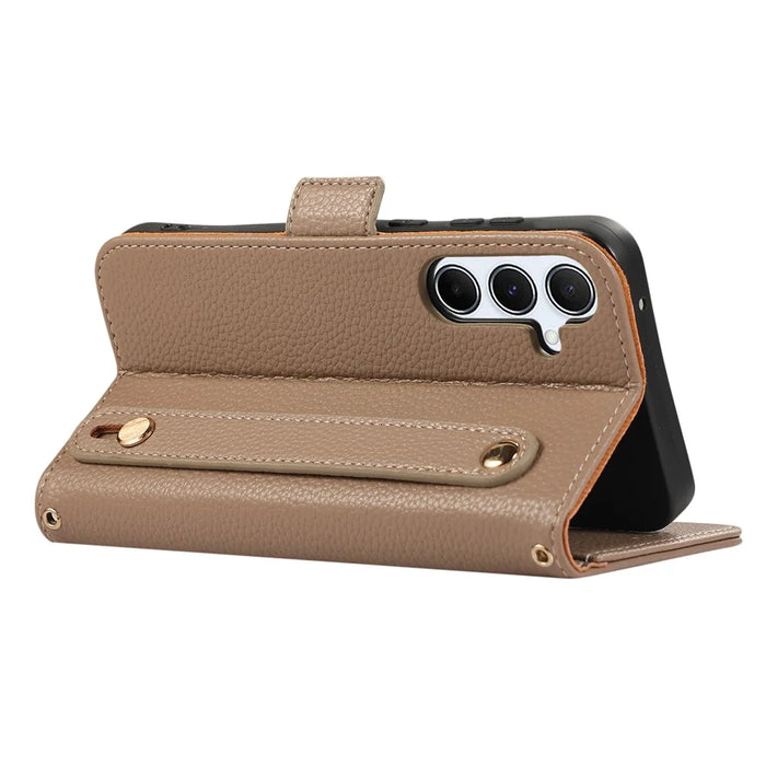 For Samsung Galaxy A55 5G Leather Case with Card Holder, Straps, Shockproof Wallet Phone Cover - Khaki - 4
