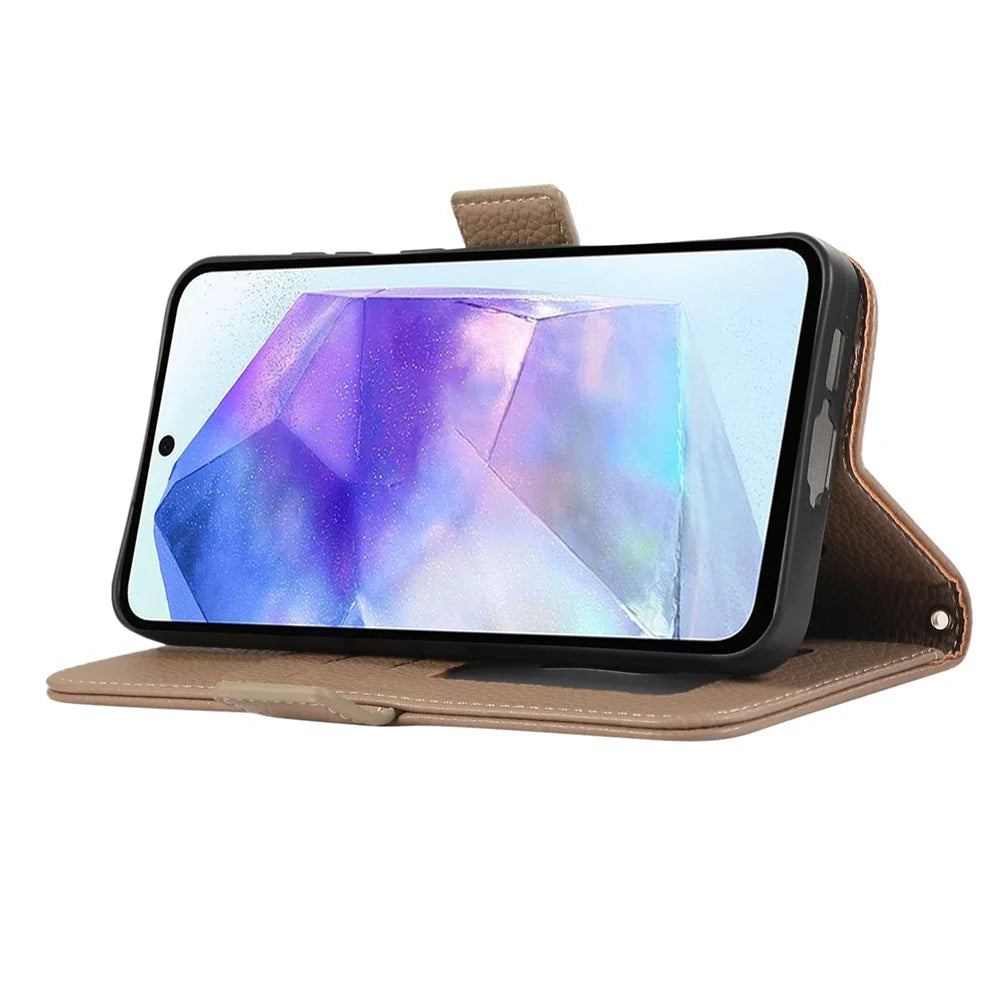 For Samsung Galaxy S24+ Leather Case with Card Holder, Straps, Shockproof Wallet Phone Cover - Khaki - 3