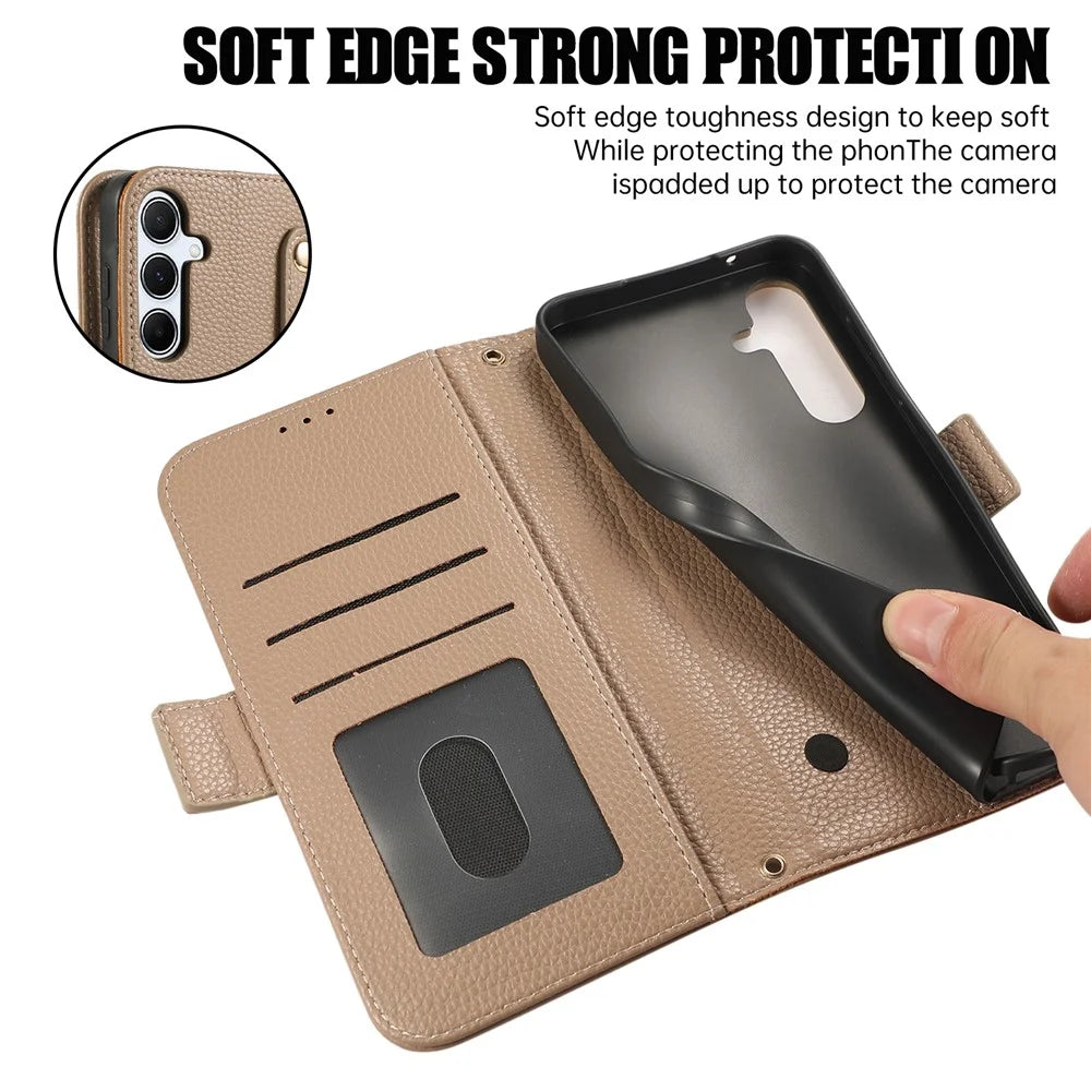For Samsung Galaxy S24+ Leather Case with Card Holder, Straps, Shockproof Wallet Phone Cover - Khaki - 5