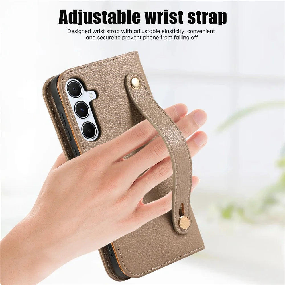 For Samsung Galaxy S24+ Leather Case with Card Holder, Straps, Shockproof Wallet Phone Cover - Khaki - 7