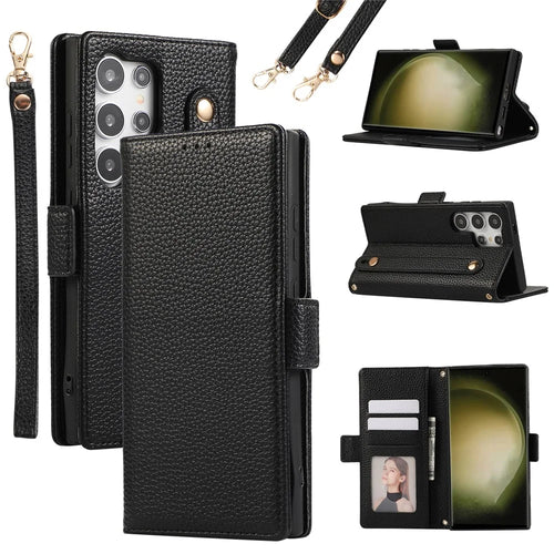 For Samsung Galaxy S24 Ultra Leather Case with Card Holder, Straps, Shockproof Wallet Phone Cover - Black - 1