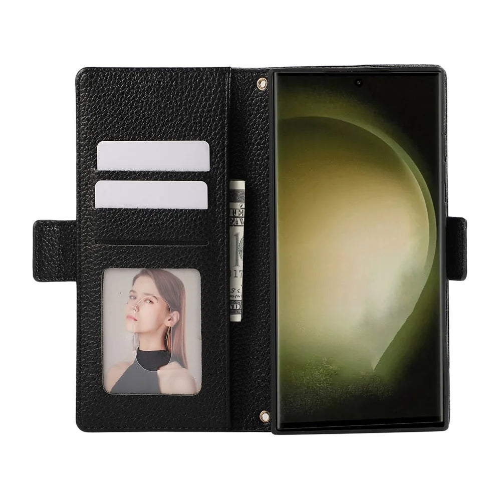 For Samsung Galaxy S24 Ultra Leather Case with Card Holder, Straps, Shockproof Wallet Phone Cover - Black - 2