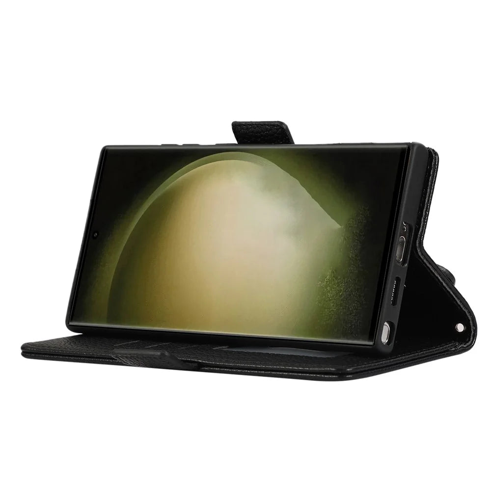 For Samsung Galaxy S24 Ultra Leather Case with Card Holder, Straps, Shockproof Wallet Phone Cover - Black - 3