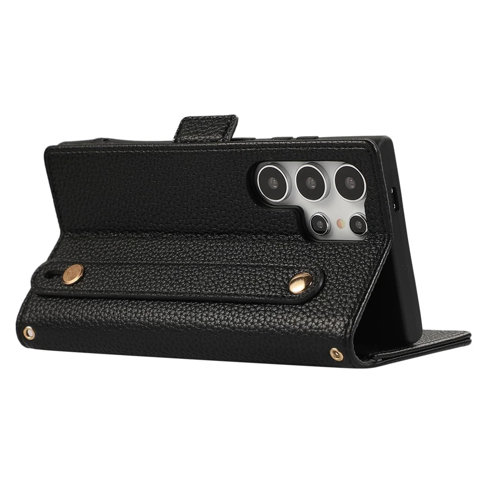 For Samsung Galaxy S24 Ultra Leather Case with Card Holder, Straps, Shockproof Wallet Phone Cover - Black - 4