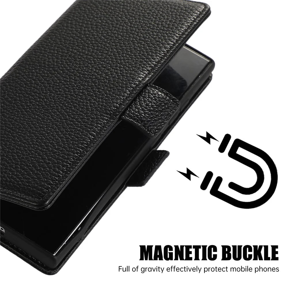 For Samsung Galaxy S24 Ultra Leather Case with Card Holder, Straps, Shockproof Wallet Phone Cover - Black - 5