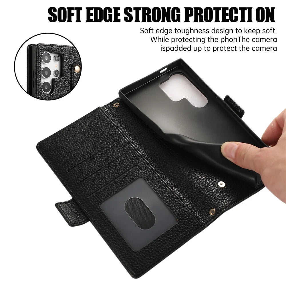 For Samsung Galaxy S24 Ultra Leather Case with Card Holder, Straps, Shockproof Wallet Phone Cover - Black - 6