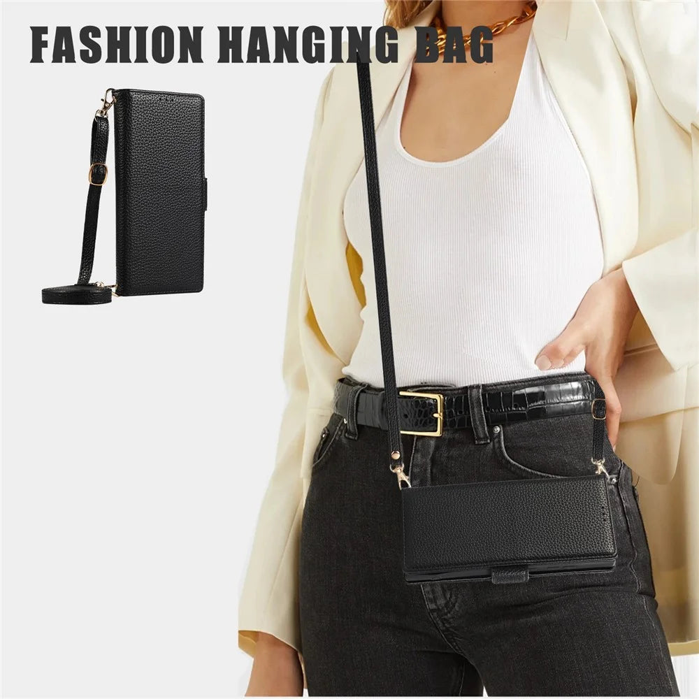 For Samsung Galaxy S24 Ultra Leather Case with Card Holder, Straps, Shockproof Wallet Phone Cover - Black - 7