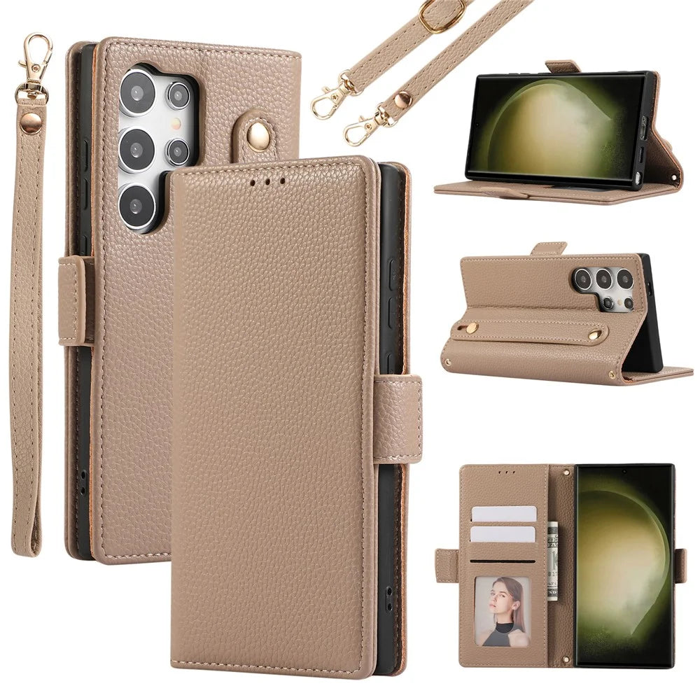 For Samsung Galaxy S23 Ultra Leather Case with Card Holder, Straps, Shockproof Wallet Phone Cover - Khaki - 1
