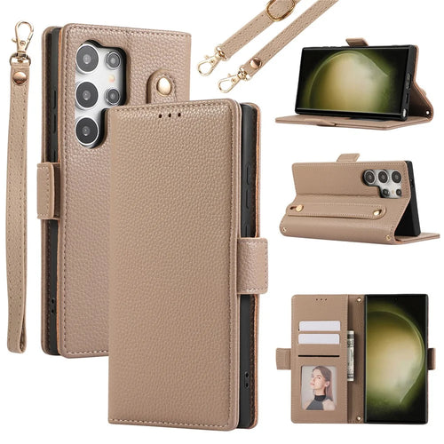 For Samsung Galaxy S23 Ultra Leather Case with Card Holder, Straps, Shockproof Wallet Phone Cover - Khaki - 1