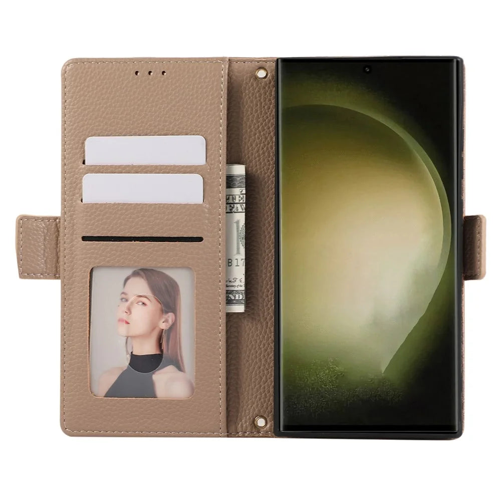 For Samsung Galaxy S23 Ultra Leather Case with Card Holder, Straps, Shockproof Wallet Phone Cover - Khaki - 2
