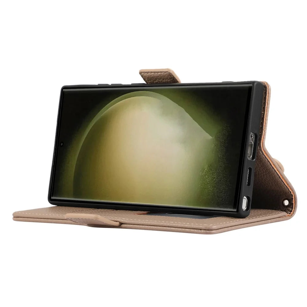 For Samsung Galaxy S23 Ultra Leather Case with Card Holder, Straps, Shockproof Wallet Phone Cover - Khaki - 3