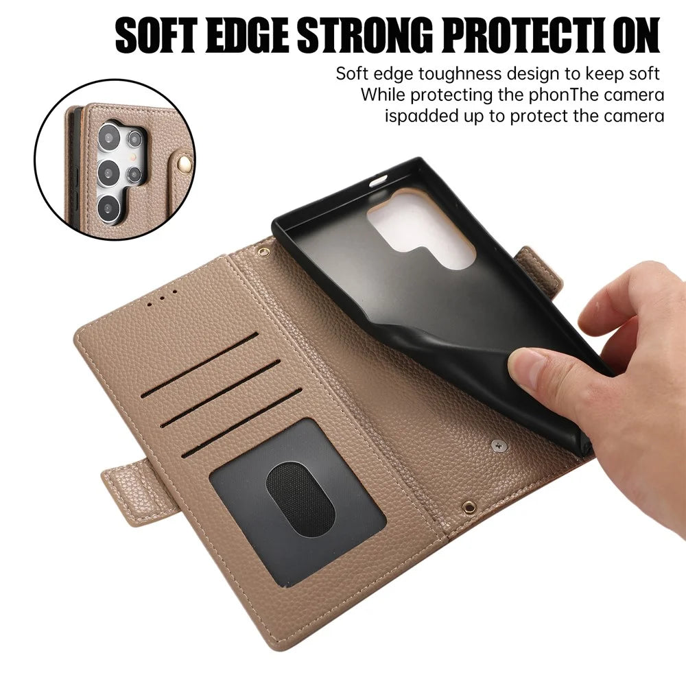 For Samsung Galaxy S23 Ultra Leather Case with Card Holder, Straps, Shockproof Wallet Phone Cover - Khaki - 6