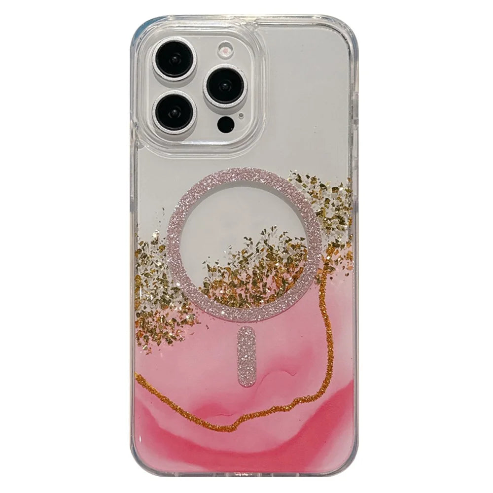 For iPhone 15 Pro Max Case Compatible with MagSafe Epoxy Marble Texture PC+TPU Phone Cover - Pink - 1