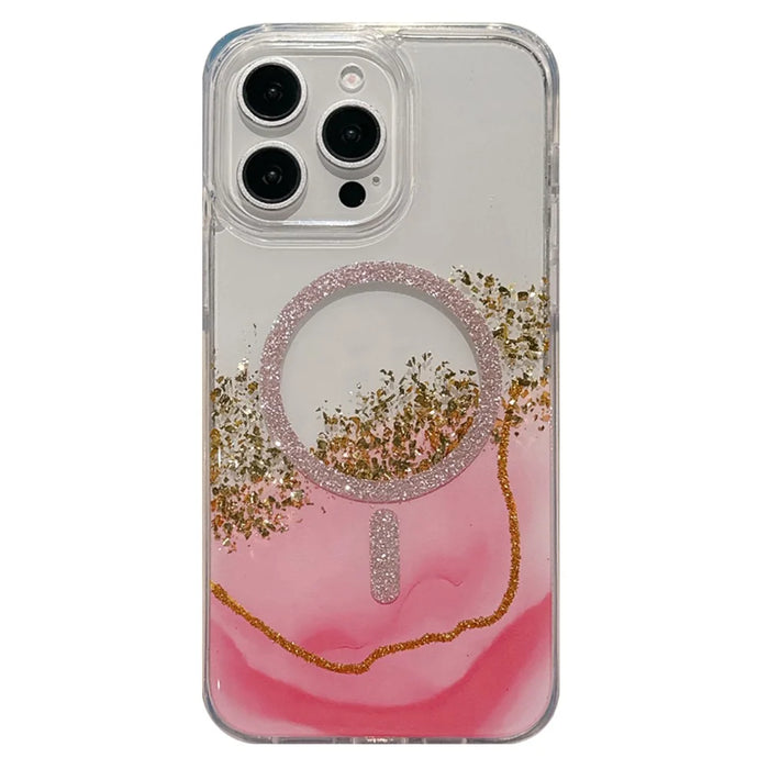 For iPhone 15 Pro Max Case Compatible with MagSafe Epoxy Marble Texture PC+TPU Phone Cover - Pink - 1