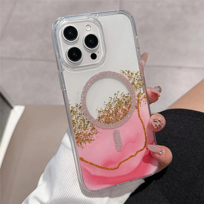 For iPhone 15 Pro Max Case Compatible with MagSafe Epoxy Marble Texture PC+TPU Phone Cover - Pink - 2
