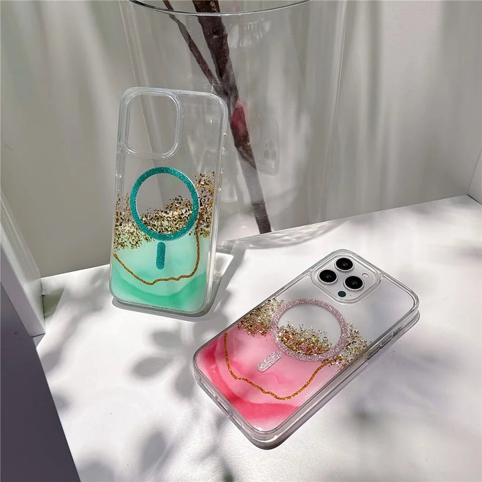 For iPhone 15 Pro Max Case Compatible with MagSafe Epoxy Marble Texture PC+TPU Phone Cover - Pink - 6