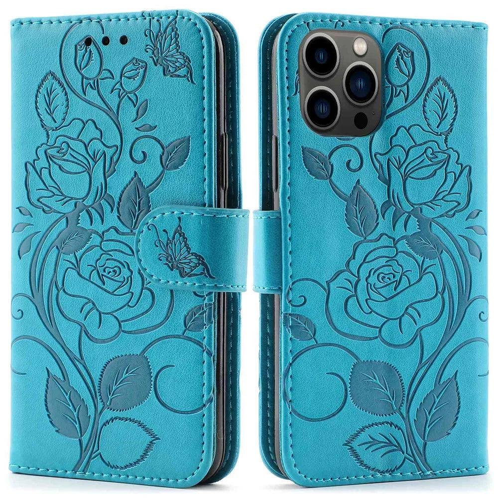 Imprinted Roses Phone Case For iPhone 12 / 12 Pro 6.1 Inch, Drop-Proof PU Leather Flip Cover Wallet Stand Protective Phone Shell - Blue - 1