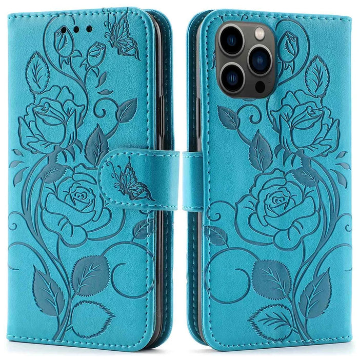Imprinted Roses Phone Case For iPhone 12 / 12 Pro 6.1 Inch, Drop-Proof PU Leather Flip Cover Wallet Stand Protective Phone Shell - Blue - 1