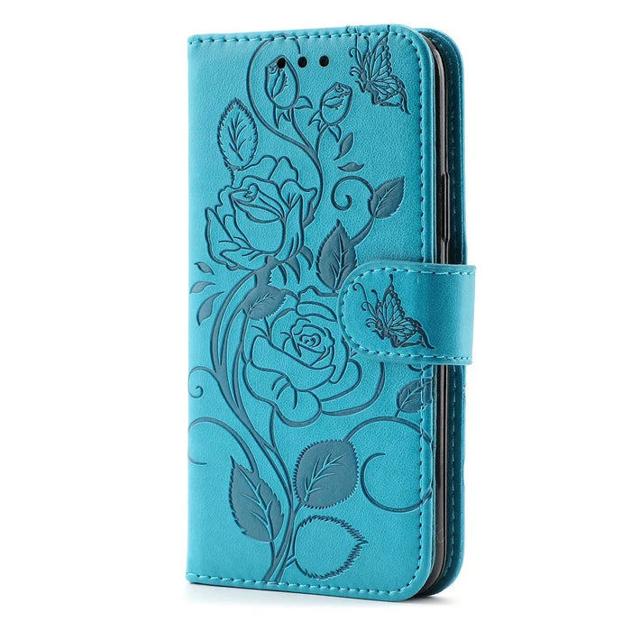 Imprinted Roses Phone Case For iPhone 12 / 12 Pro 6.1 Inch, Drop-Proof PU Leather Flip Cover Wallet Stand Protective Phone Shell - Blue - 4