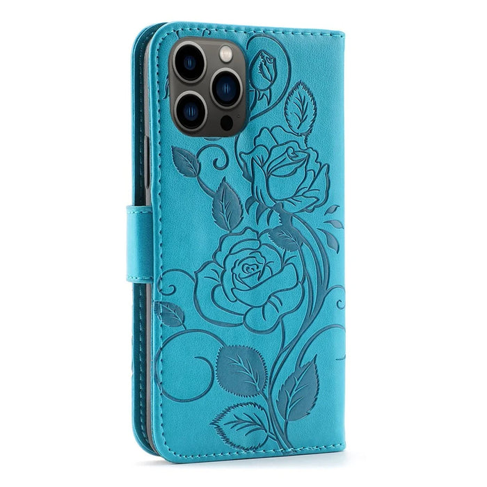 Imprinted Roses Phone Case For iPhone 12 / 12 Pro 6.1 Inch, Drop-Proof PU Leather Flip Cover Wallet Stand Protective Phone Shell - Blue - 5