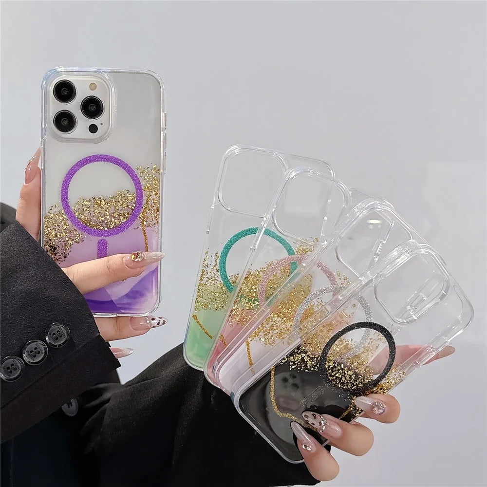 For iPhone 15 Pro Case Compatible with MagSafe Epoxy Marble Texture PC+TPU Phone Cover - Pink - 7