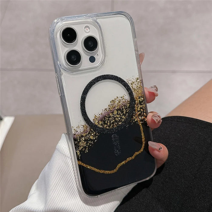 For iPhone 14 Pro Max Case Compatible with MagSafe Epoxy Marble Texture PC+TPU Phone Cover - Black - 1