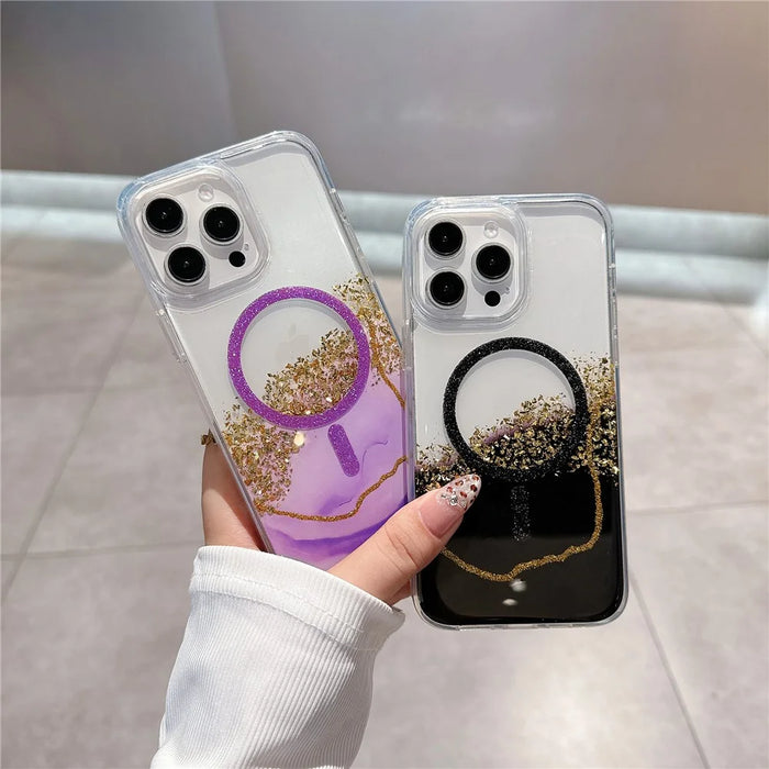 For iPhone 14 Pro Max Case Compatible with MagSafe Epoxy Marble Texture PC+TPU Phone Cover - Black - 2