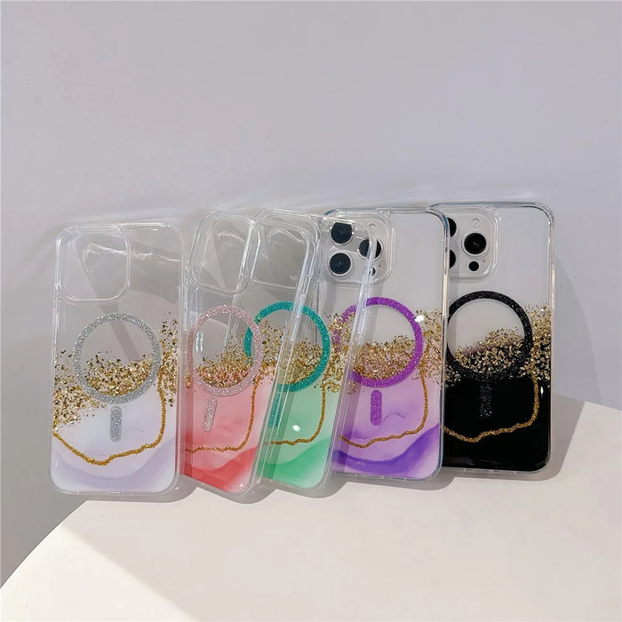 For iPhone 14 Pro Max Case Compatible with MagSafe Epoxy Marble Texture PC+TPU Phone Cover - Black - 7