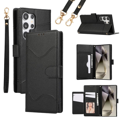 For Samsung Galaxy S24 Ultra Leather Phone Case with Card Holder, Wallet, Straps Protective Flip Cover - Black - 1