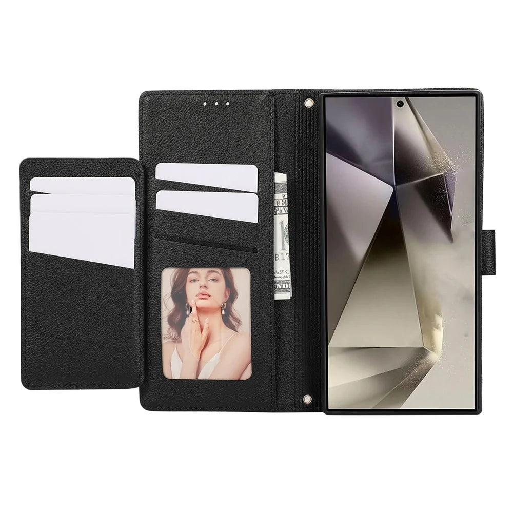 For Samsung Galaxy S24 Ultra Leather Phone Case with Card Holder, Wallet, Straps Protective Flip Cover - Black - 2