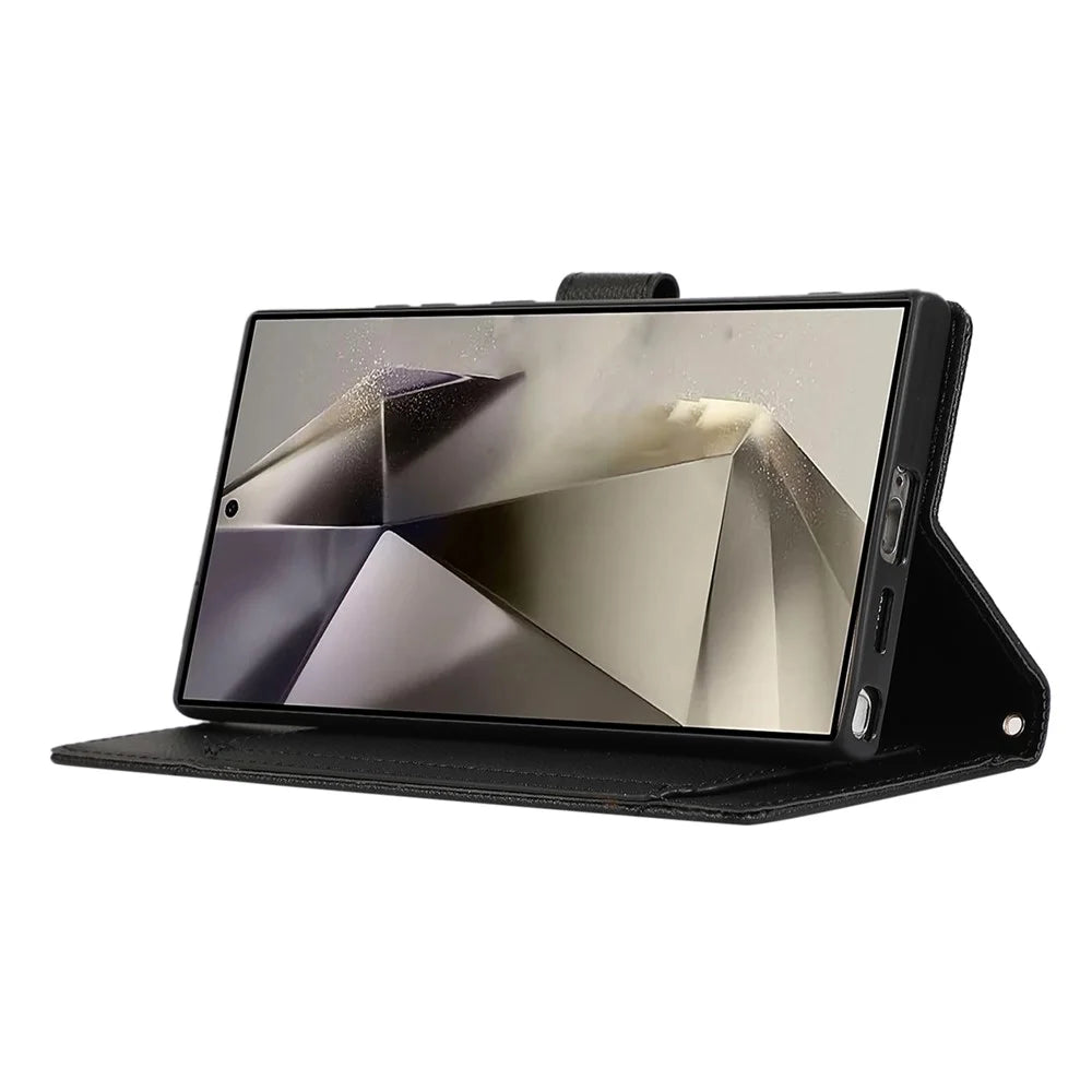 For Samsung Galaxy S24 Ultra Leather Phone Case with Card Holder, Wallet, Straps Protective Flip Cover - Black - 3